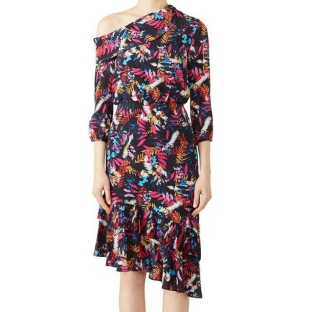 SALONI Multicolor Lexie Silk Floral Print Off-Shoulder Ruffle Dress